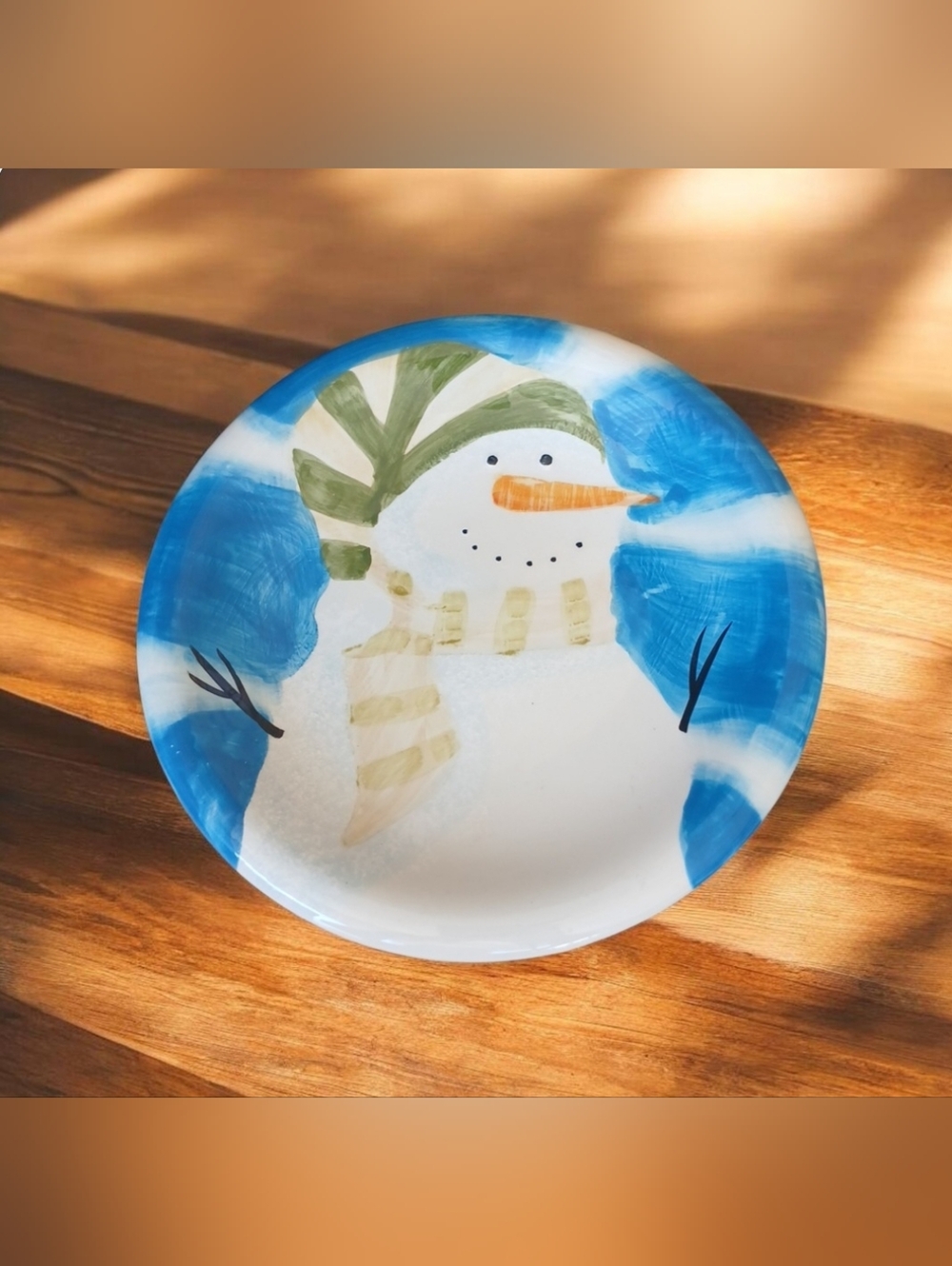 Hand-Painted Blue Snowman Decorative Plate
